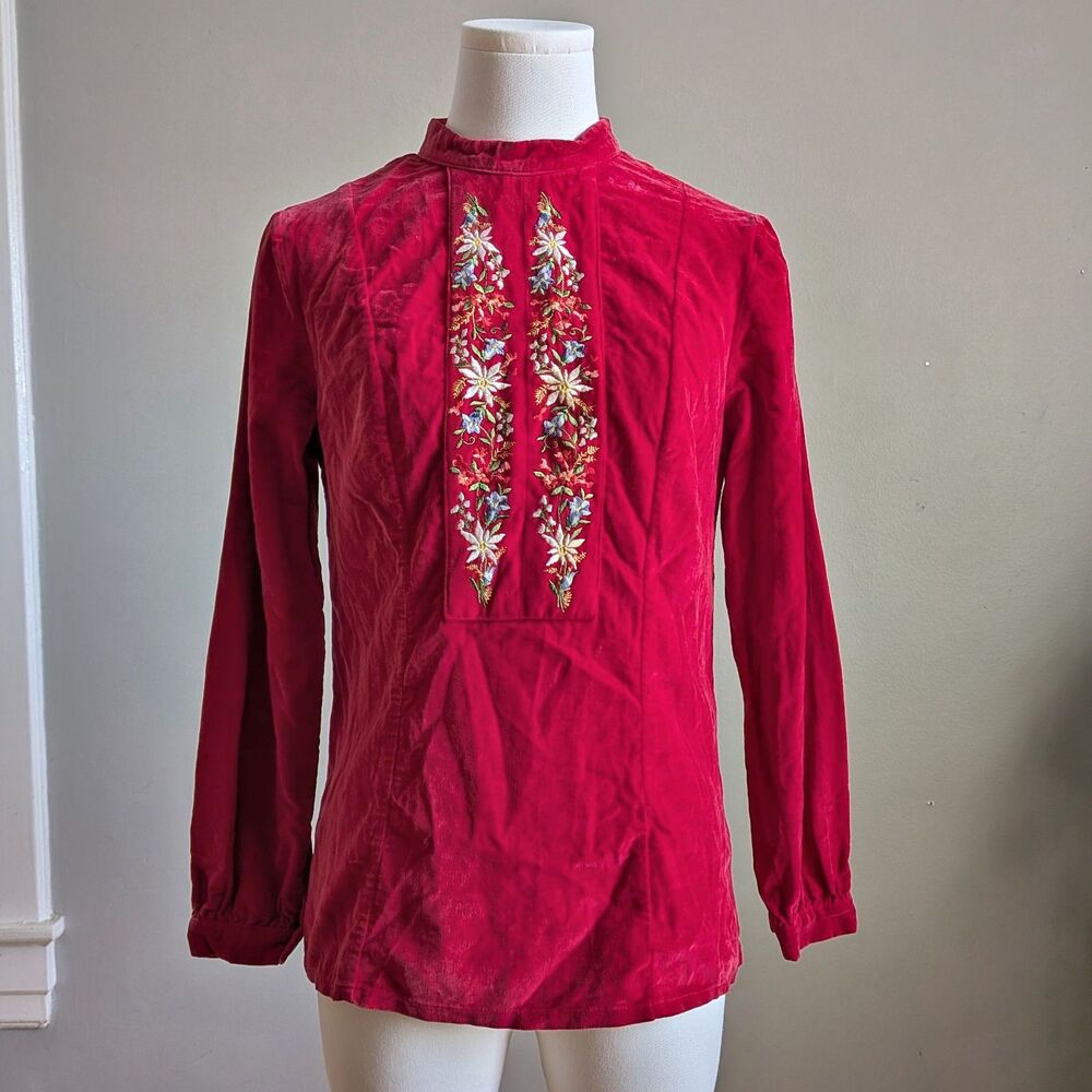 Vintage 70s Max Hurni Red Velvet Tunic Top Floral Embroidery Hippie Boho Size S